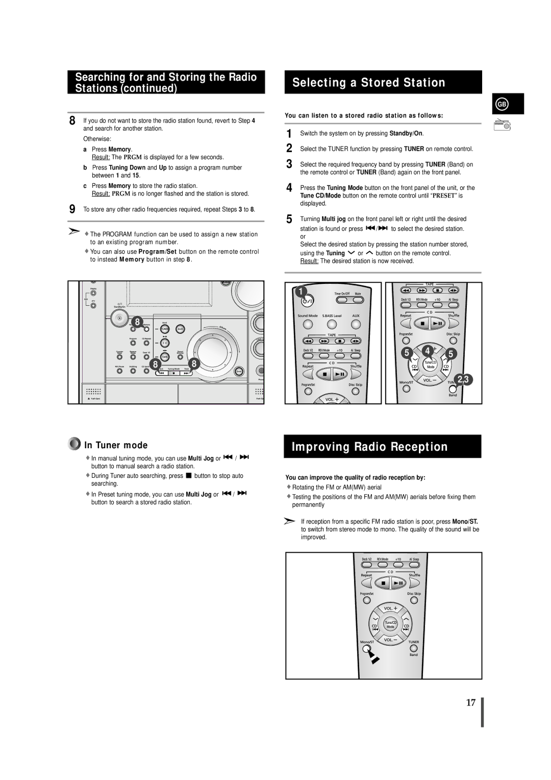 Samsung MAXZS720RH/SPX manual Selecting a Stored Station, Improving Radio Reception, To select the desired station 