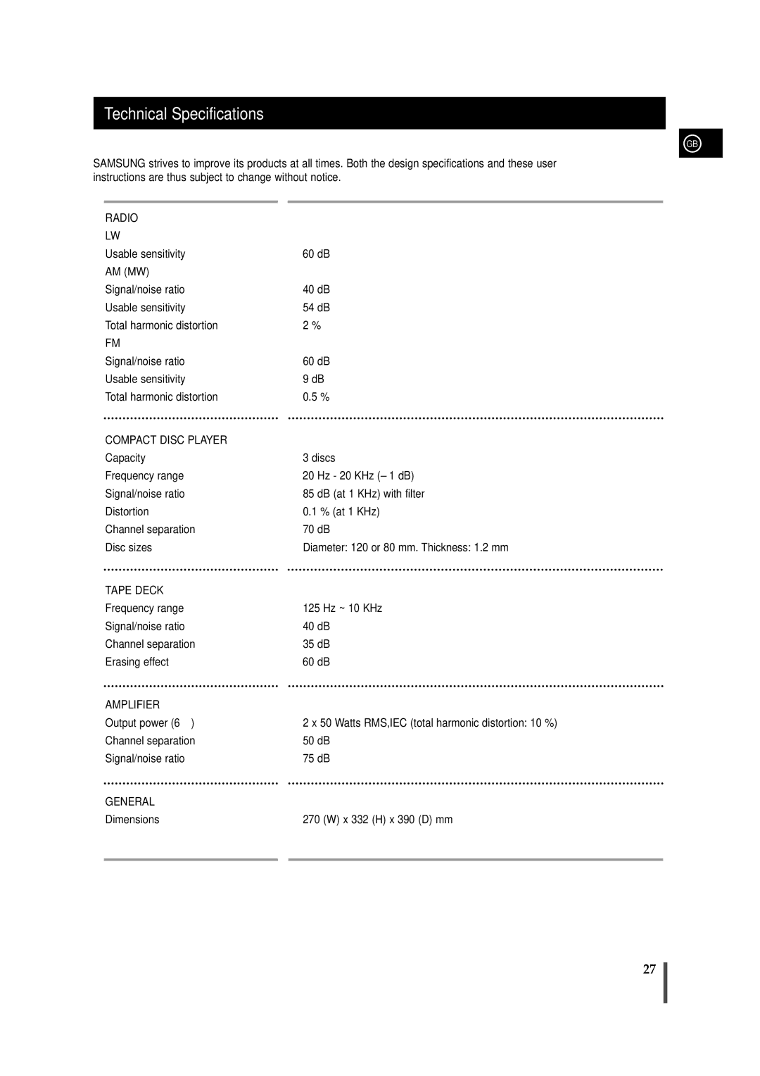 Samsung MAXZS720RH/SPX, MAXZS720RH/ELS manual Technical Specifications, Compact Disc Player 