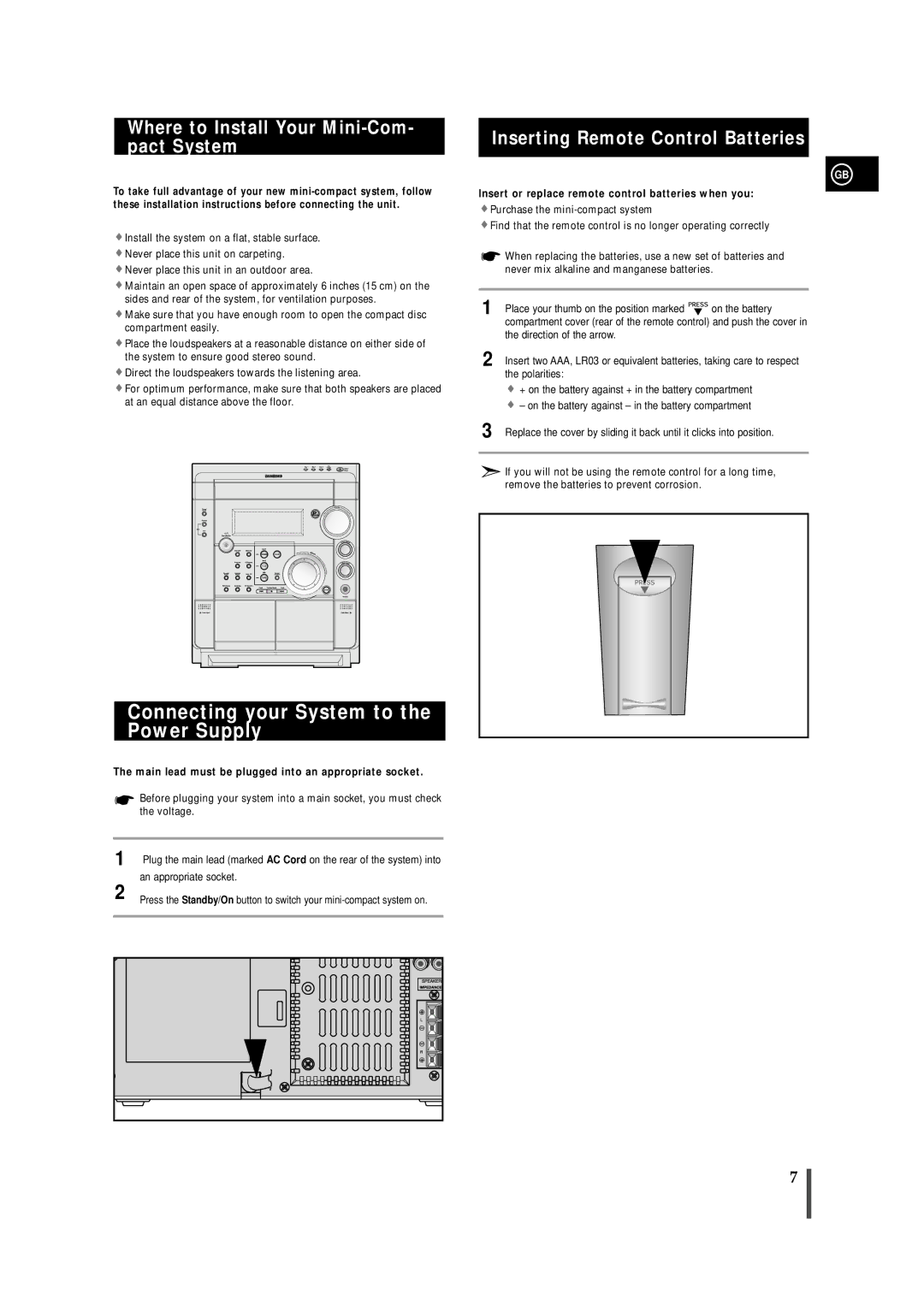 Samsung MAXZS720RH/SPX manual Connecting your System to the Power Supply, Where to Install Your Mini-Com- pact System 