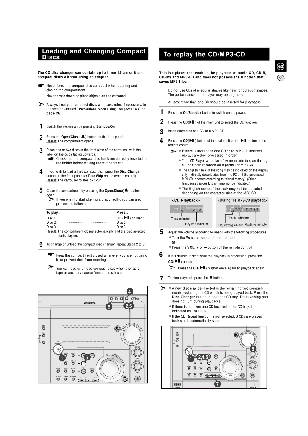 Samsung MAXZS730RH/SPX manual To replay the CD/MP3-CD, Loading and Changing Compact Discs, To play, Track Indicator 