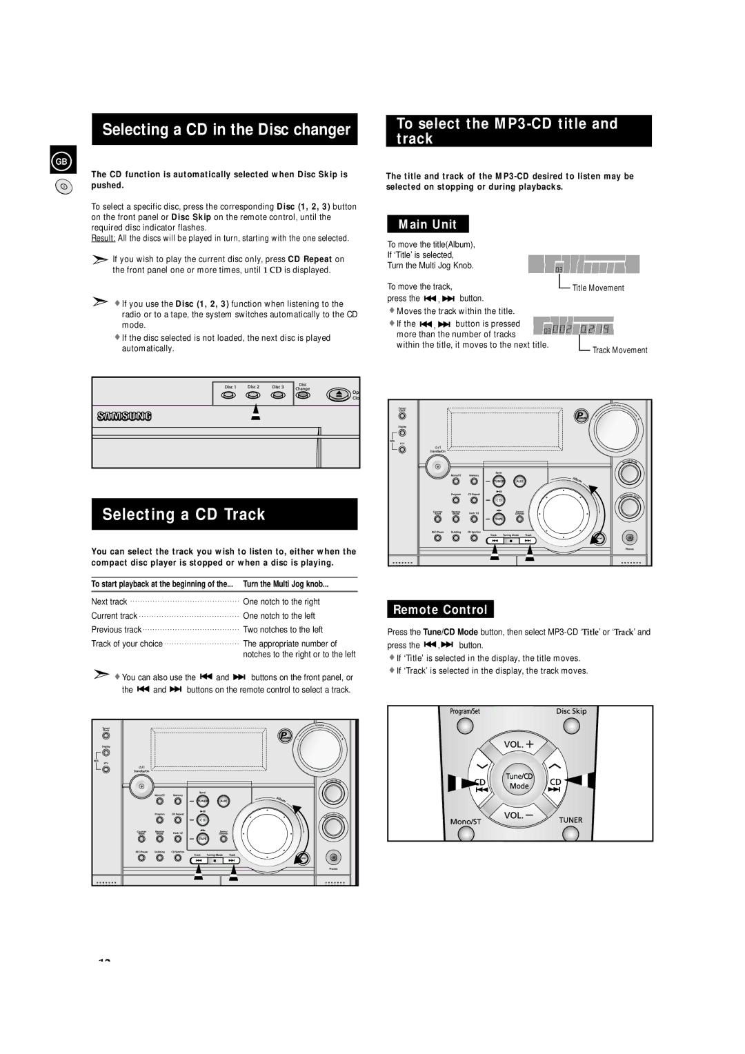 Samsung MAXZS730RH/SPX Selecting a CD in the Disc changer, Selecting a CD Track, To select the MP3-CD title and track 