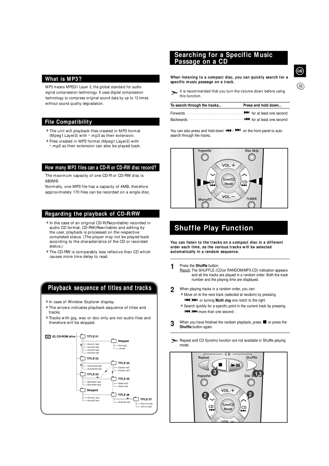 Samsung MAXZS730RH/SPX manual Shuffle Play Function, Searching for a Specific Music Passage on a CD 