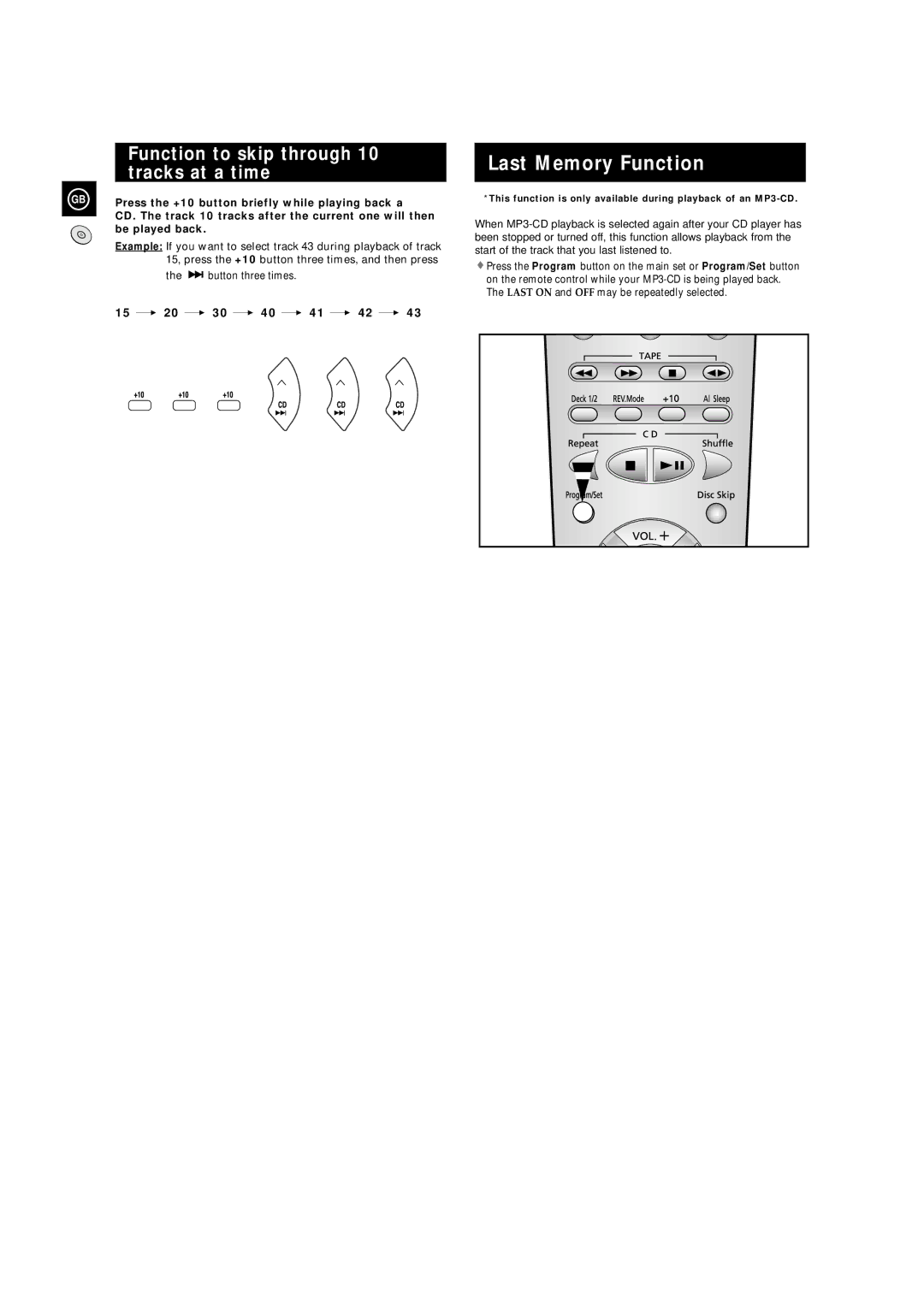 Samsung MAXZS730RH/SPX manual Last Memory Function, Function to skip through 10 tracks at a time, Be played back 