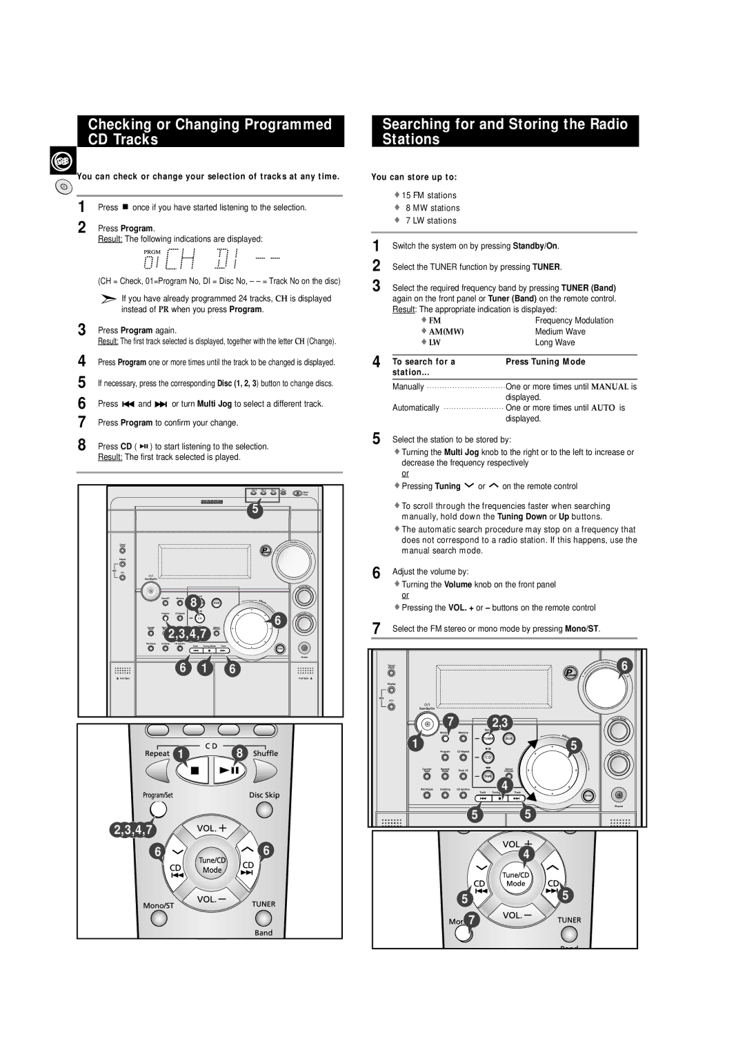 Samsung MAXZS730RH/SPX manual Checking or Changing Programmed CD Tracks, Searching for and Storing the Radio Stations 