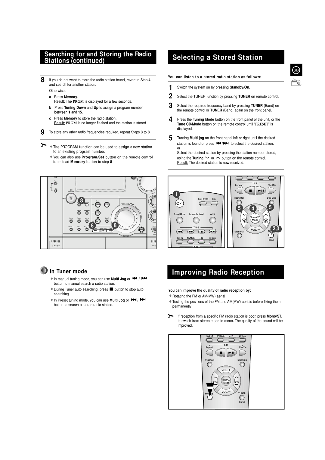 Samsung MAXZS730RH/SPX manual Selecting a Stored Station, Improving Radio Reception, To select the desired station 