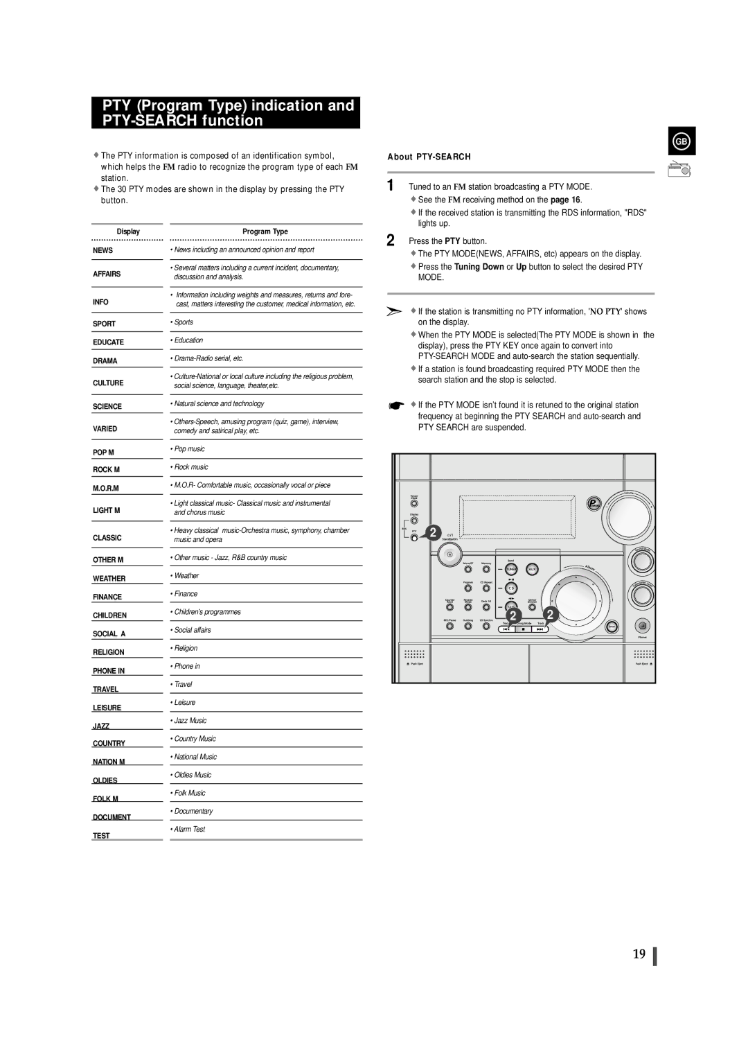 Samsung MAXZS730RH/SPX manual PTY Program Type indication and PTY-SEARCH function, About PTY-SEARCH 