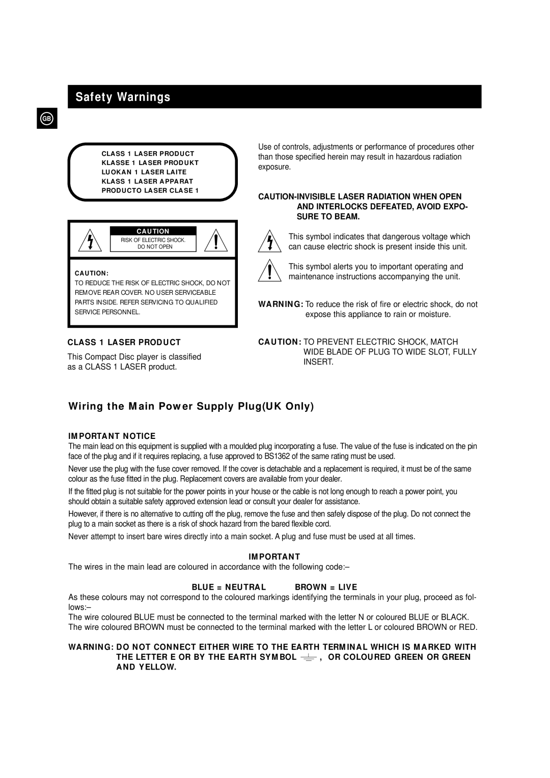 Samsung MAXZS730RH/SPX manual Safety Warnings, Class 1 Laser Product 