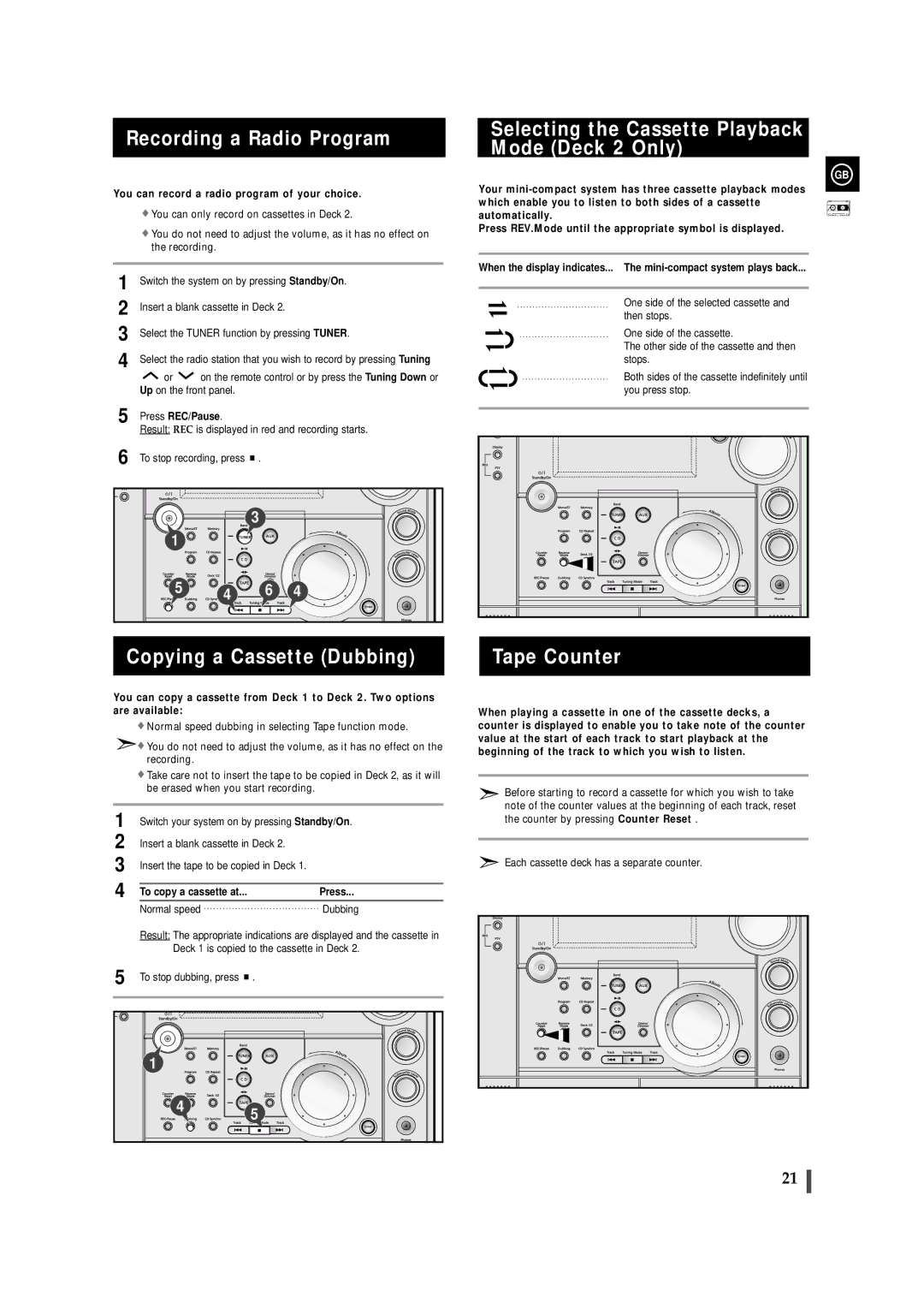 Samsung MAXZS730RH/SPX manual Recording a Radio Program, Copying a Cassette Dubbing, Tape Counter 