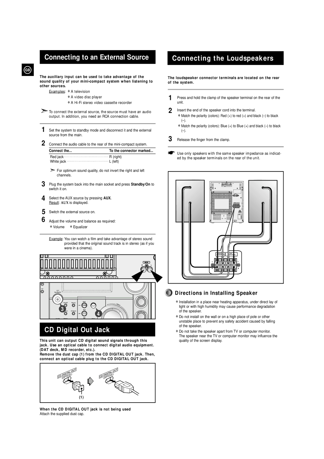 Samsung MAXZS730RH/SPX manual Connecting to an External Source, Connecting the Loudspeakers, CD Digital Out Jack 