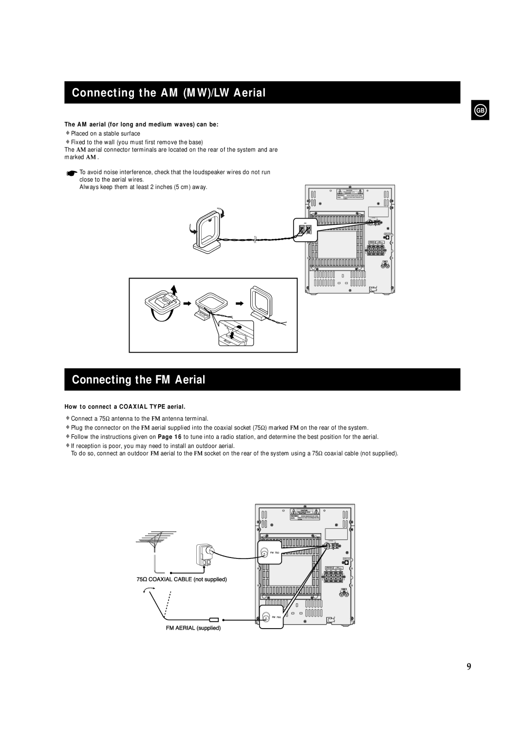 Samsung MAXZS730RH/SPX Connecting the AM MW/LW Aerial, Connecting the FM Aerial, How to connect a Coaxial Type aerial 