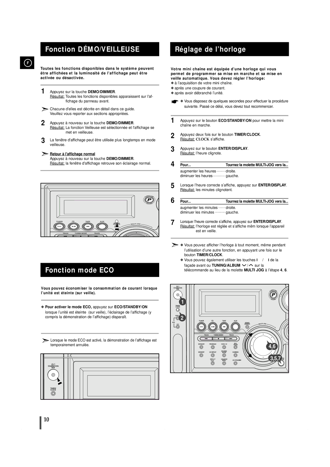 Samsung MAXZS940RH/ELS manual Fonction DÉMO/VEILLEUSE, Fonction mode ECO, Retour à laffichage normal, Pour 