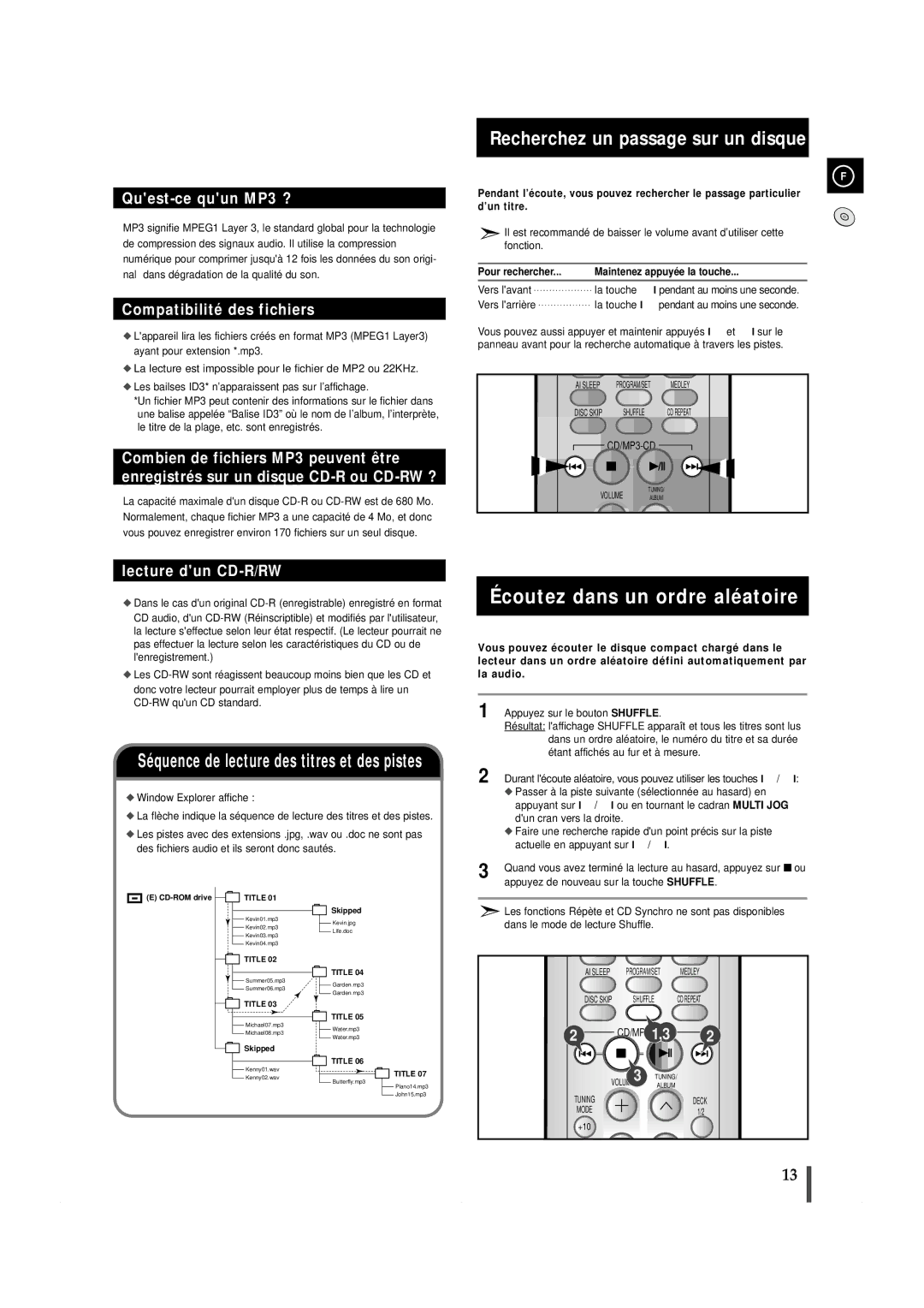 Samsung MAXZS940RH/ELS manual Écoutez dans un ordre aléatoire, Recherchez un passage sur un disque, Pour rechercher 