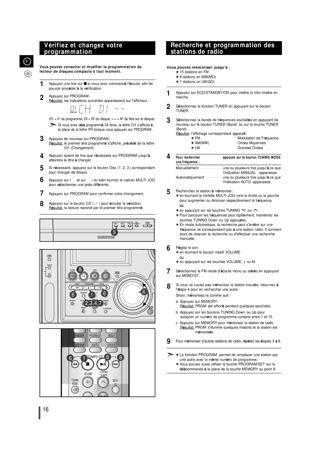 Samsung MAXZS940RH/ELS manual Vérifiez et changez votre programmation, Recherche et programmation des stations de radio 