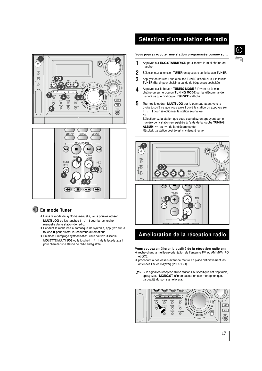 Samsung MAXZS940RH/ELS manual Sélection d’une station de radio, Amélioration de la réception radio 