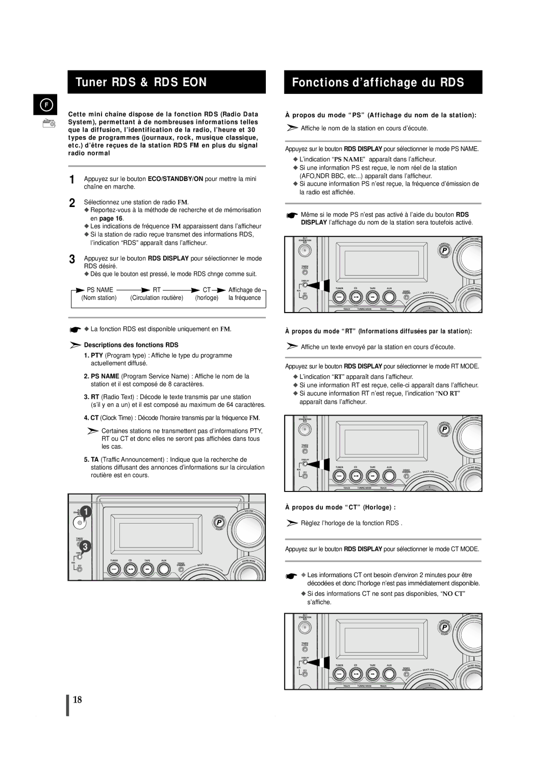 Samsung MAXZS940RH/ELS manual Tuner RDS & RDS EON, Fonctions d’affichage du RDS, Descriptions des fonctions RDS 