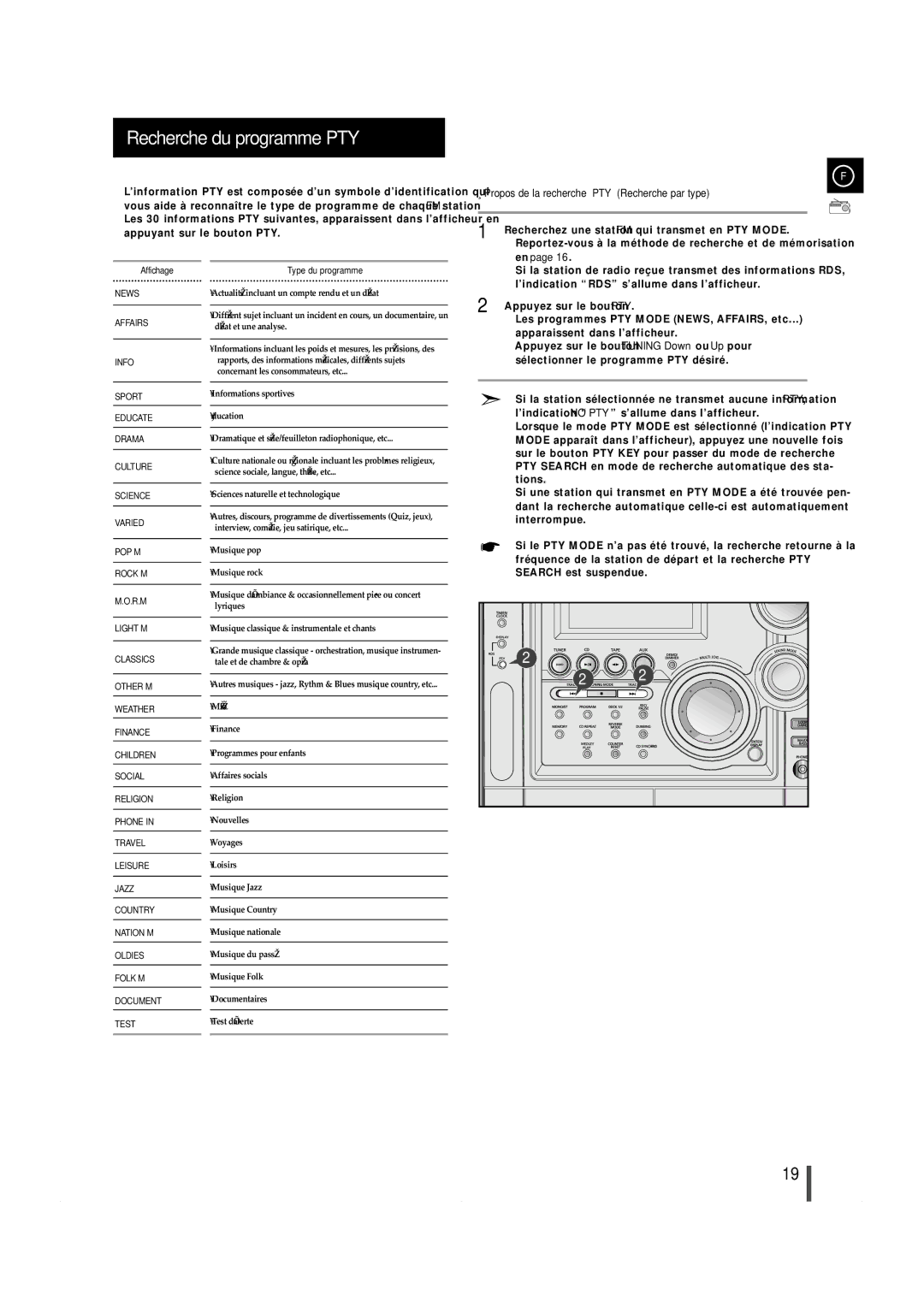 Samsung MAXZS940RH/ELS manual Recherche du programme PTY, Propos de la recherche PTY Recherche par type 