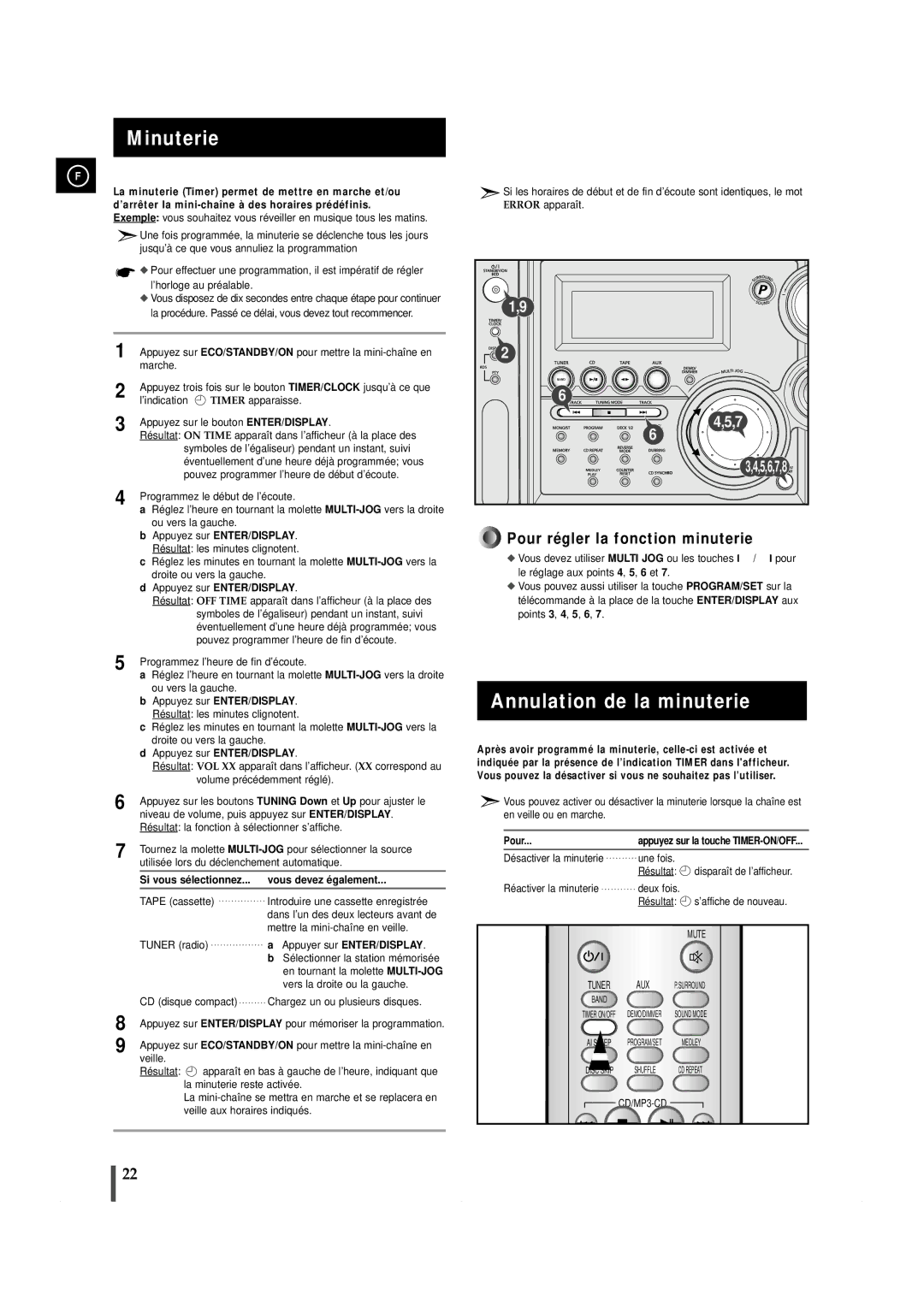 Samsung MAXZS940RH/ELS manual Minuterie, Annulation de la minuterie, Appuyez sur ENTER/DISPLAY, Appuyer sur ENTER/DISPLAY 