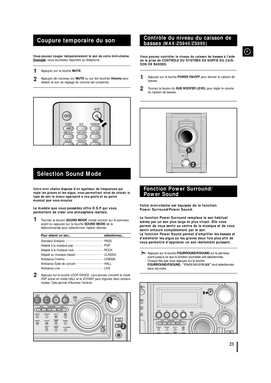 Samsung MAXZS940RH/ELS manual Coupure temporaire du son, Sélection Sound Mode, Fonction Power Surround Power Sound 