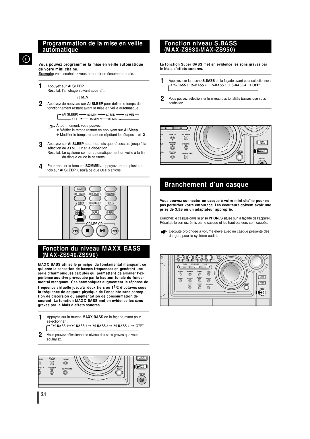 Samsung MAXZS940RH/ELS Branchement d’un casque, Programmation de la mise en veille automatique, Fonction niveau S.BASS 