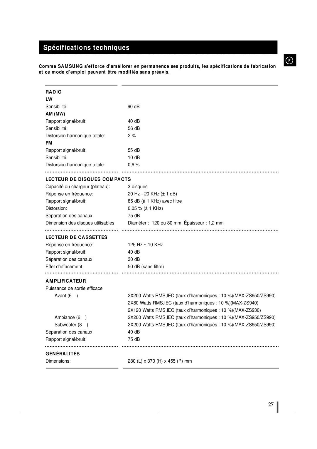 Samsung MAXZS940RH/ELS manual Spécifications techniques, Lecteur DE Disques Compacts 