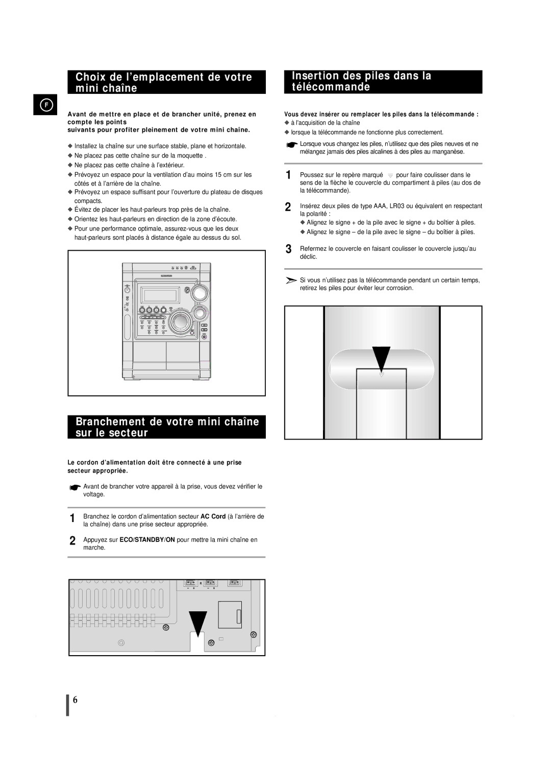 Samsung MAXZS940RH/ELS manual Choix de l’emplacement de votre mini chaîne, Branchement de votre mini chaîne sur le secteur 