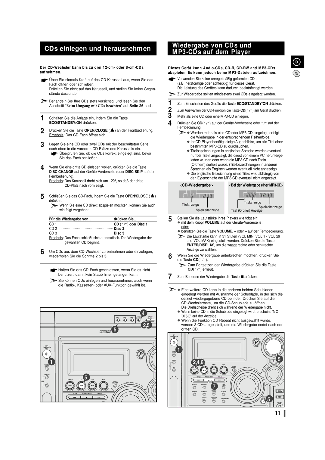 Samsung MAXZS940RH/ELS, MAXZS990RH/ELS manual CDs einlegen und herausnehmen, Wiedergabe von CDs und MP3-CDs auf dem Player 