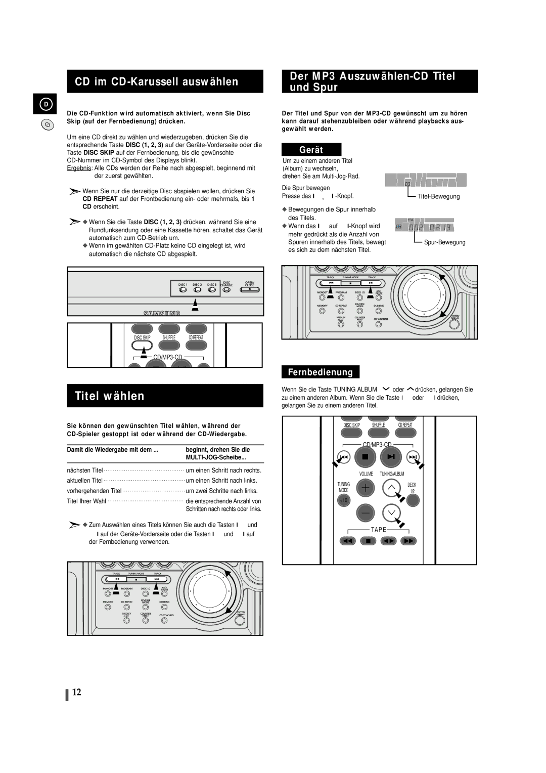 Samsung MAXZS990RH/ELS, MAXZS940RH/ELS Titel wählen, CD im CD-Karussell auswählen, Der MP3 Auszuwählen-CD Titel und Spur 