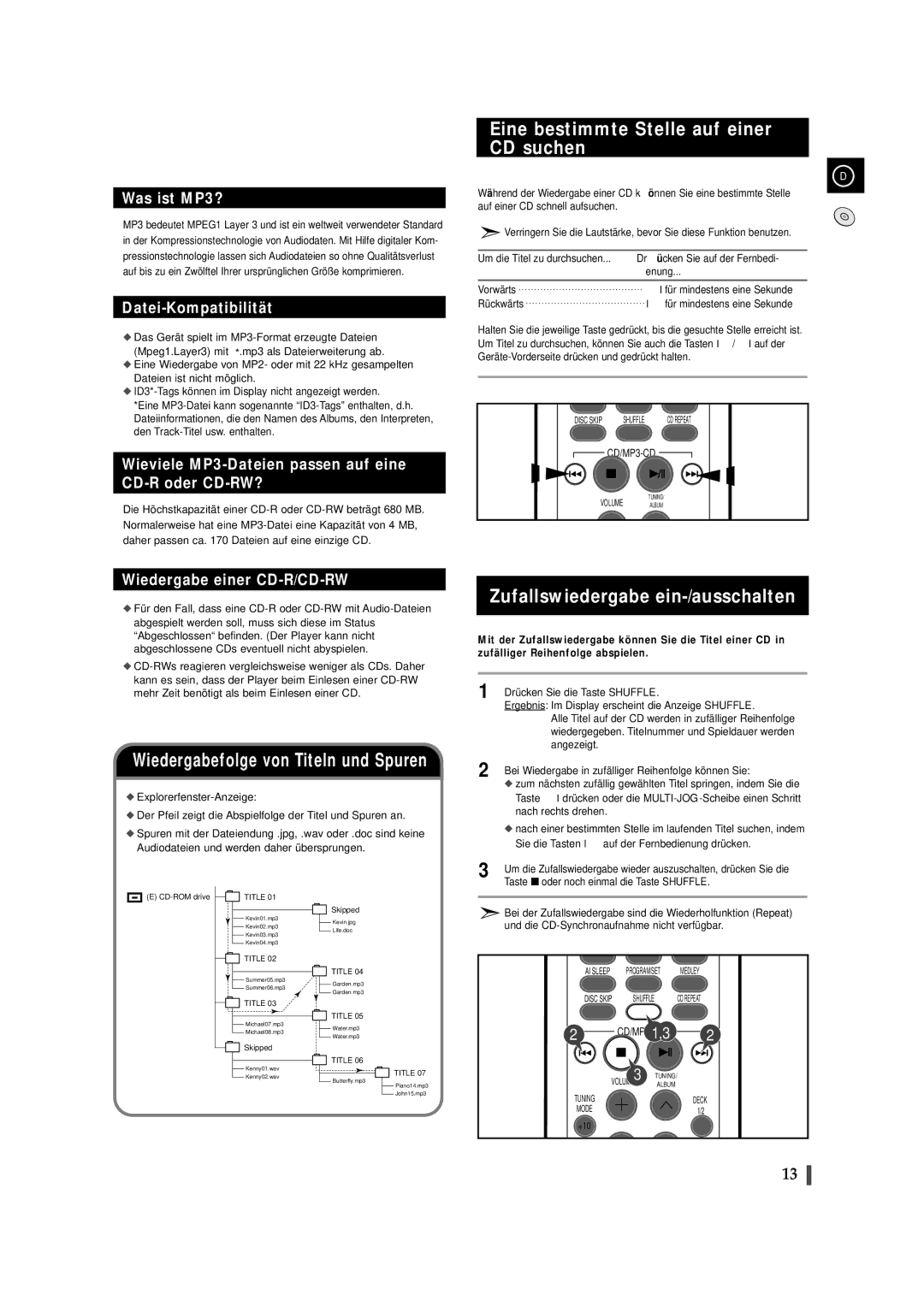 Samsung MAXZS940RH/ELS, MAXZS990RH/ELS manual Eine bestimmte Stelle auf einer CD suchen, Zufallswiedergabe ein-/ausschalten 