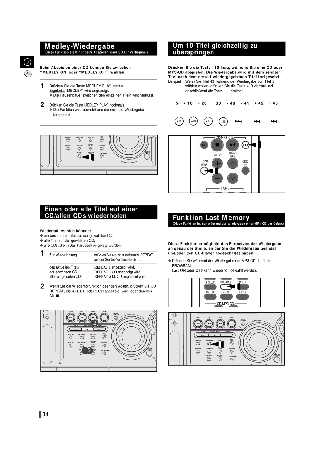 Samsung MAXZS990RH/ELS, MAXZS940RH/ELS Medley-Wiedergabe, Funktion Last Memory, Um 10 Titel gleichzeitig zu überspringen 