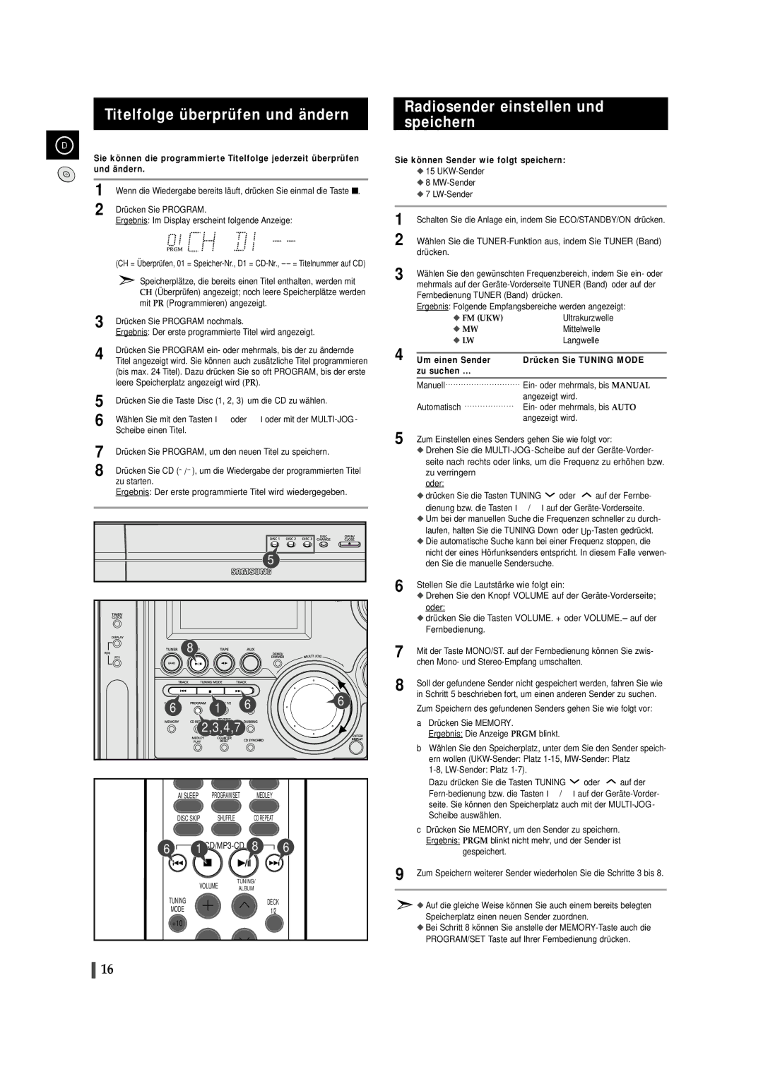 Samsung MAXZS990RH/ELS, MAXZS940RH/ELS manual Titelfolge überprüfen und ändern, Radiosender einstellen und speichern 