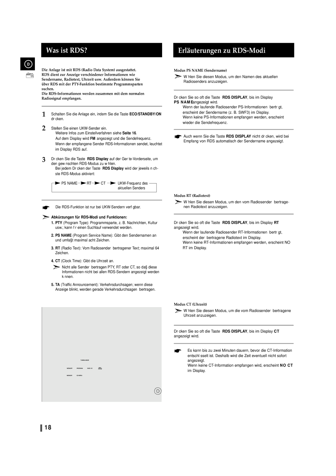 Samsung MAXZS990RH/ELS, MAXZS940RH/ELS Was ist RDS?, Erläuterungen zu RDS-Modi, Abkürzungen für RDS-Modi und Funktionen 