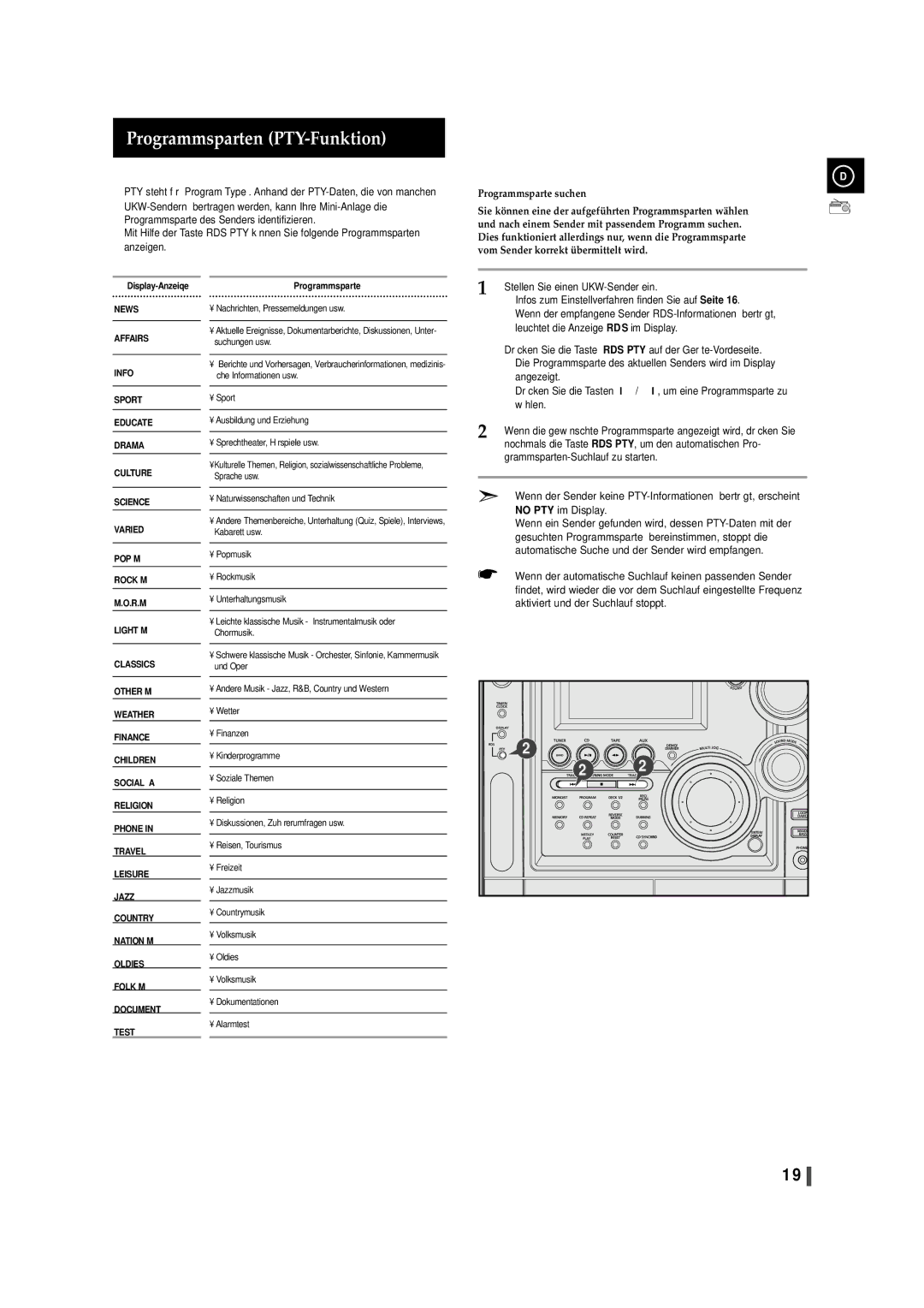 Samsung MAXZS940RH/ELS, MAXZS990RH/ELS manual Programmsparten PTY-Funktion 