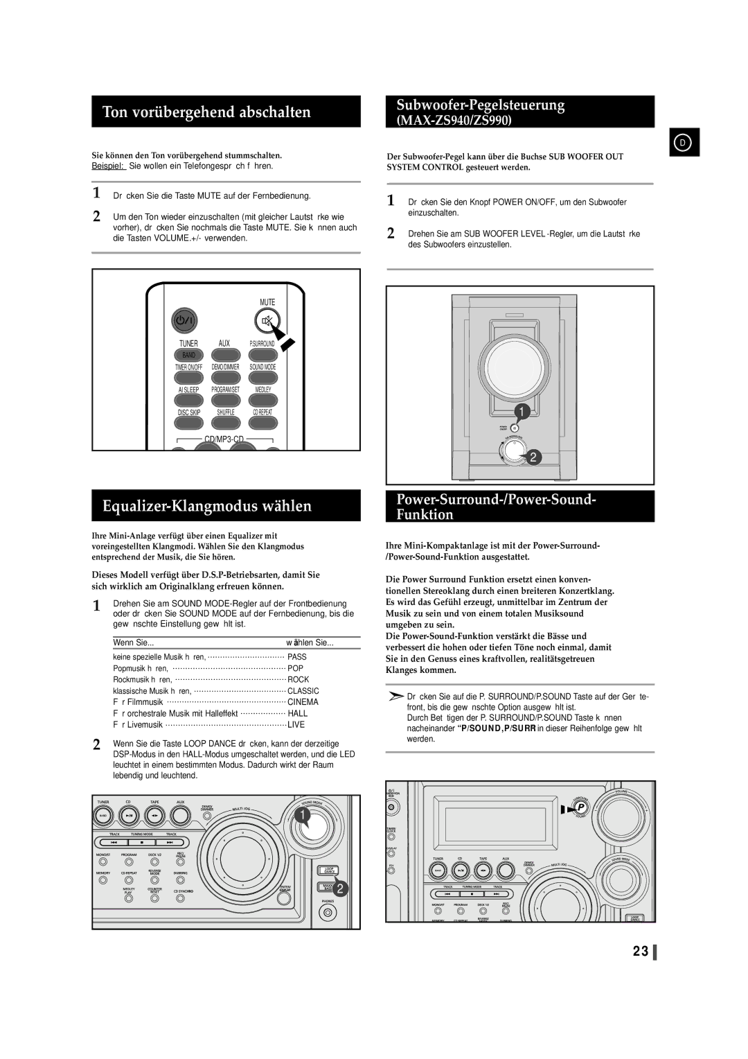 Samsung MAXZS940RH/ELS, MAXZS990RH/ELS Ton vorübergehend abschalten, Equalizer-Klangmodus wählen, Subwoofer-Pegelsteuerung 