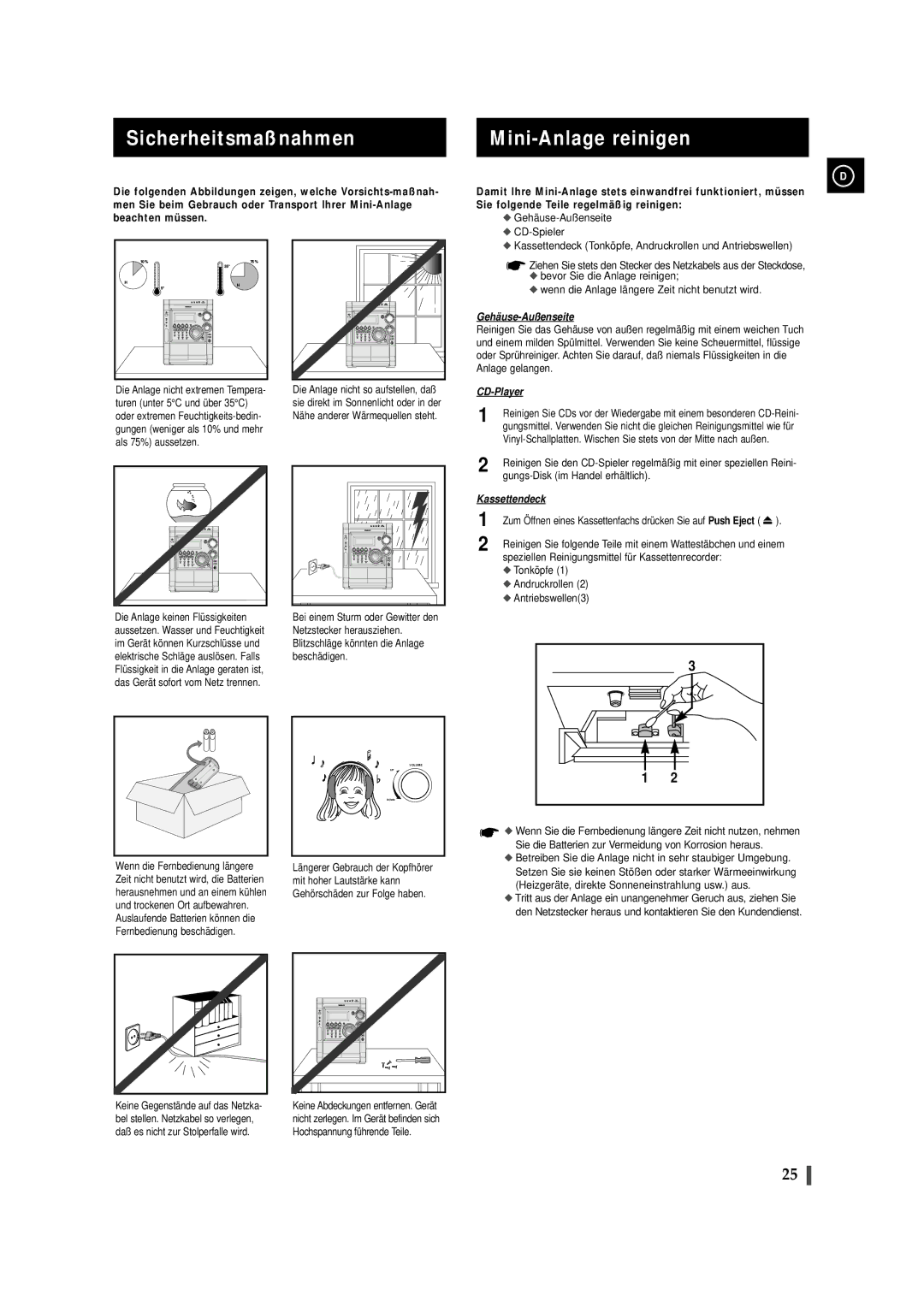 Samsung MAXZS940RH/ELS, MAXZS990RH/ELS manual Sicherheitsmaßnahmen, Mini-Anlage reinigen 