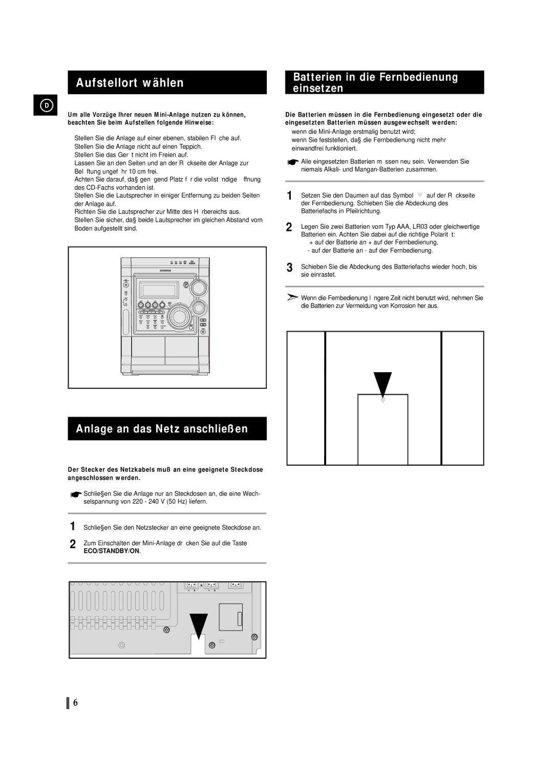 Samsung MAXZS990RH/ELS manual Aufstellort wählen, Anlage an das Netz anschließen, Batterien in die Fernbedienung einsetzen 