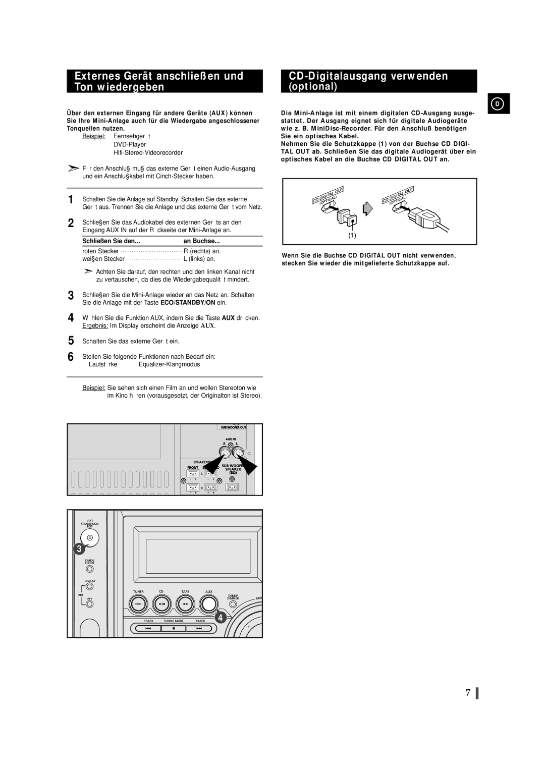 Samsung MAXZS940RH/ELS, MAXZS990RH/ELS manual Externes Gerät anschließen und Ton wiedergeben, CD-Digitalausgang verwenden 