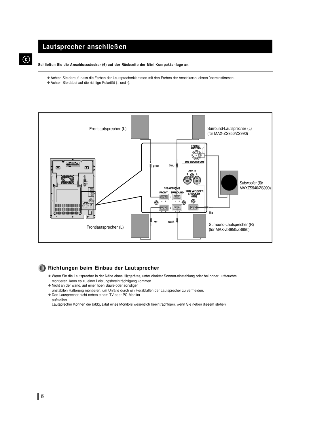 Samsung MAXZS990RH/ELS, MAXZS940RH/ELS manual Lautsprecher anschließen, MAXZS940/ZS990 