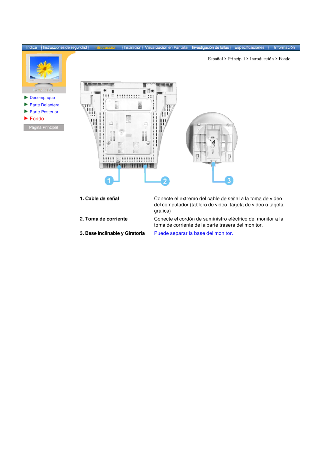 Samsung MB manual Fondo, Cable de señal, Toma de corriente 