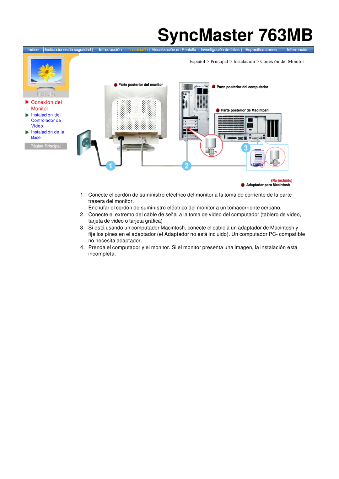 Samsung MB manual Conexión del Monitor 