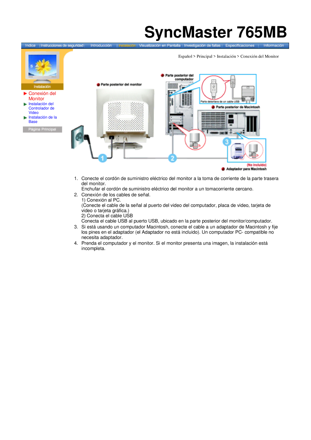 Samsung MB manual Instalación del Controlador de Video Instalación de la Base 