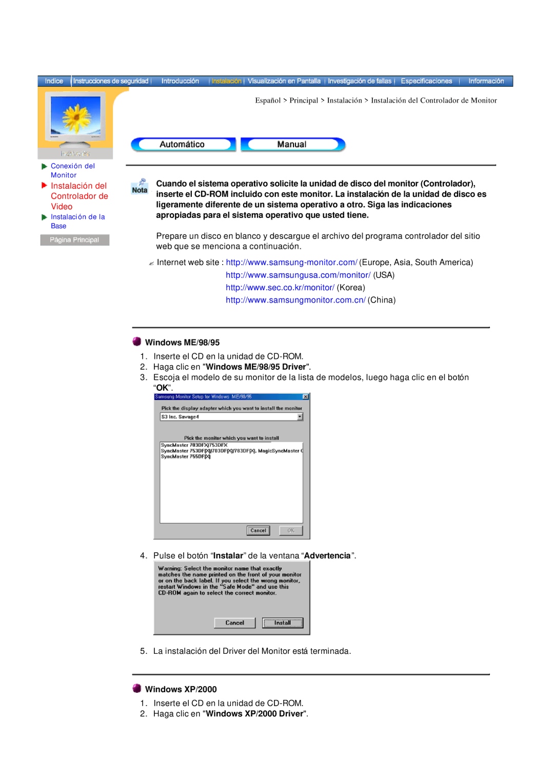 Samsung MB manual Instalación del Controlador de Video, Haga clic en Windows ME/98/95 Driver, Windows XP/2000 