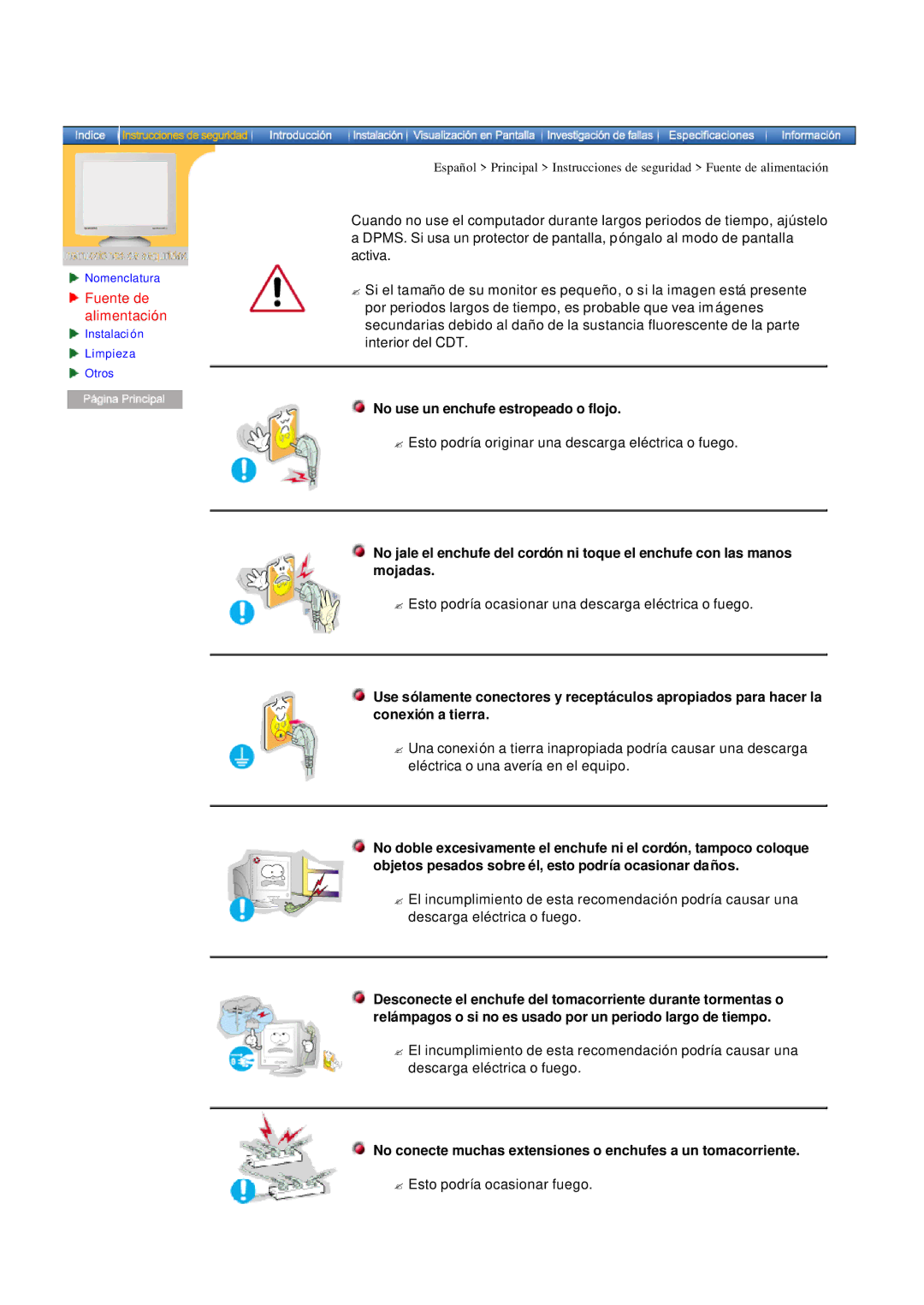 Samsung MB manual Fuente de alimentación, No use un enchufe estropeado o flojo 