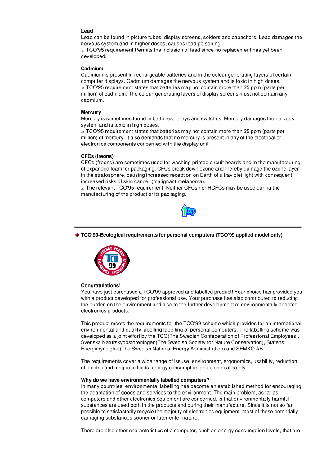 Samsung MB manual Lead, Cadmium, Mercury, CFCs freons, Why do we have environmentally labelled computers? 