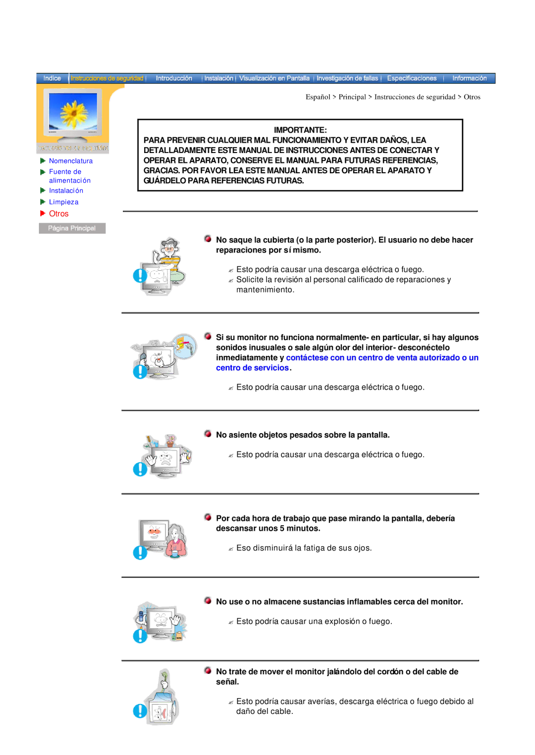 Samsung MB manual Otros, No asiente objetos pesados sobre la pantalla 