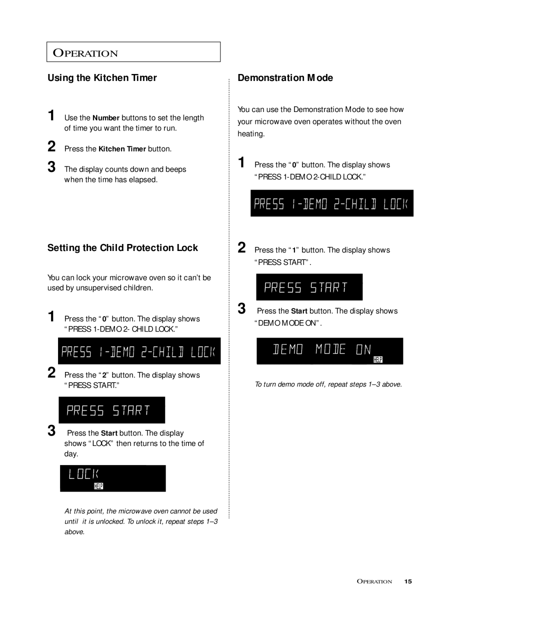 Samsung MB7696W, MB7697G manual Using the Kitchen Timer, Demonstration Mode, Setting the Child Protection Lock 