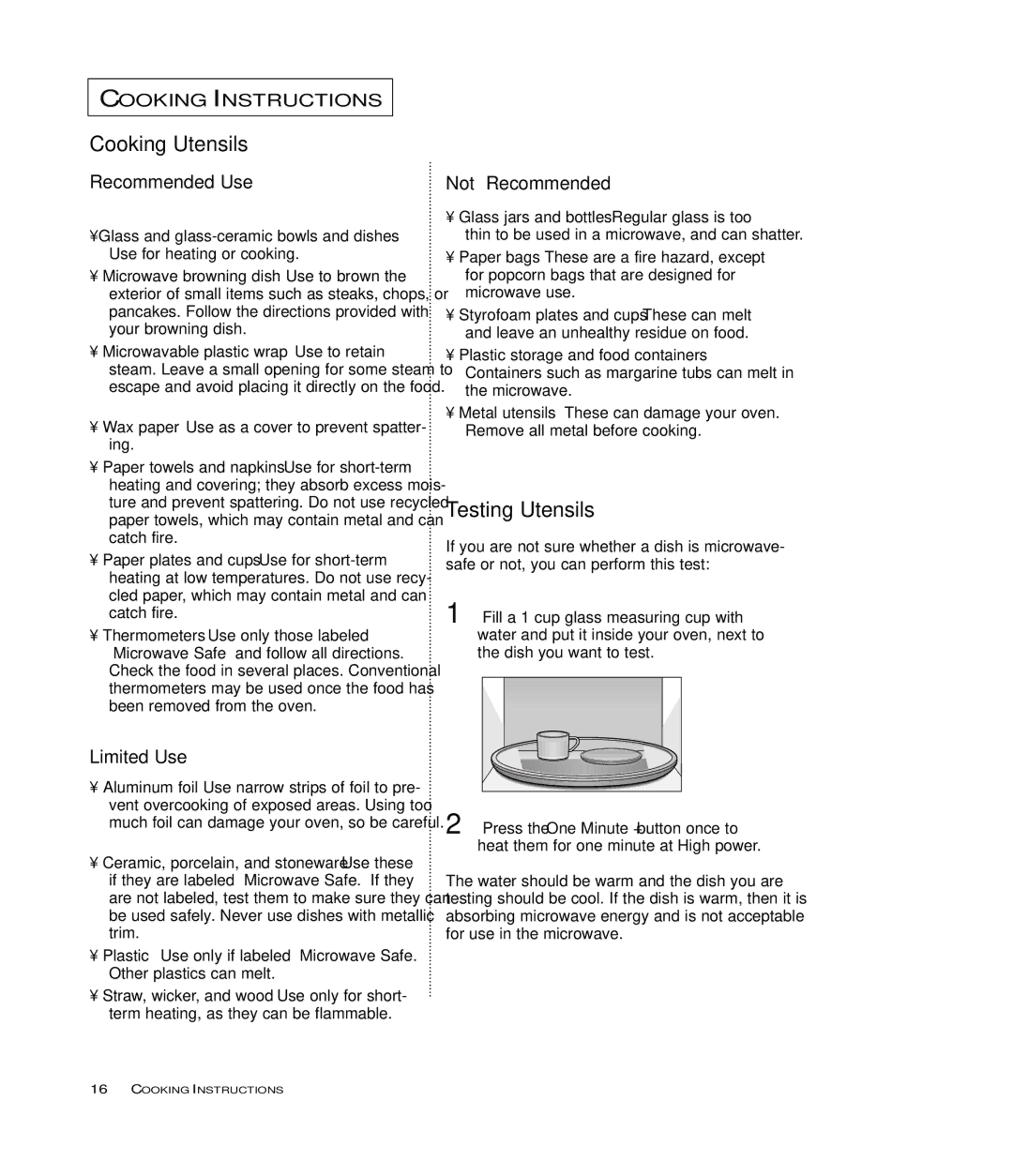 Samsung MB7697G, MB7696W manual Cooking Utensils, Testing Utensils, Wax paper Use as a cover to prevent spatter- ing 