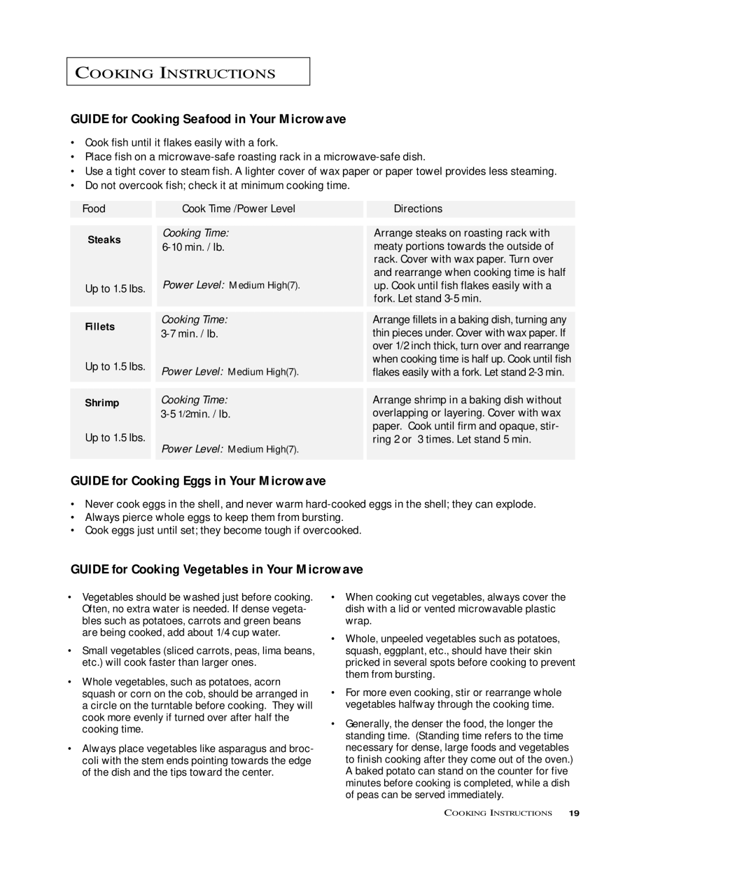 Samsung MB7696W, MB7697G manual Guide for Cooking Seafood in Your Microwave, Guide for Cooking Eggs in Your Microwave 