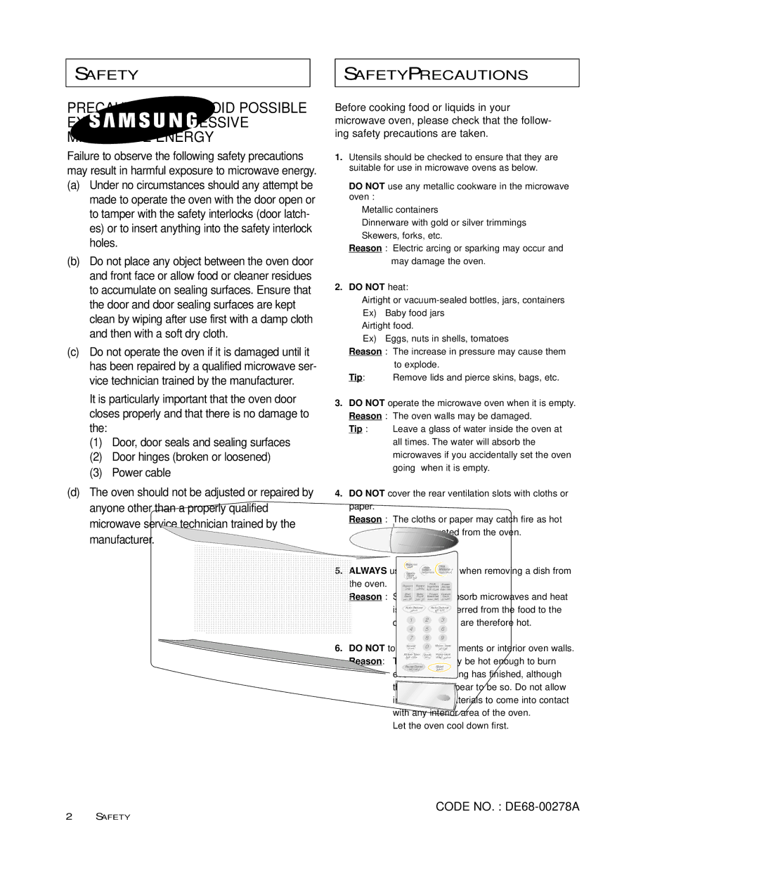 Samsung MB7697G, MB7696W manual Safety Safety Precautions 