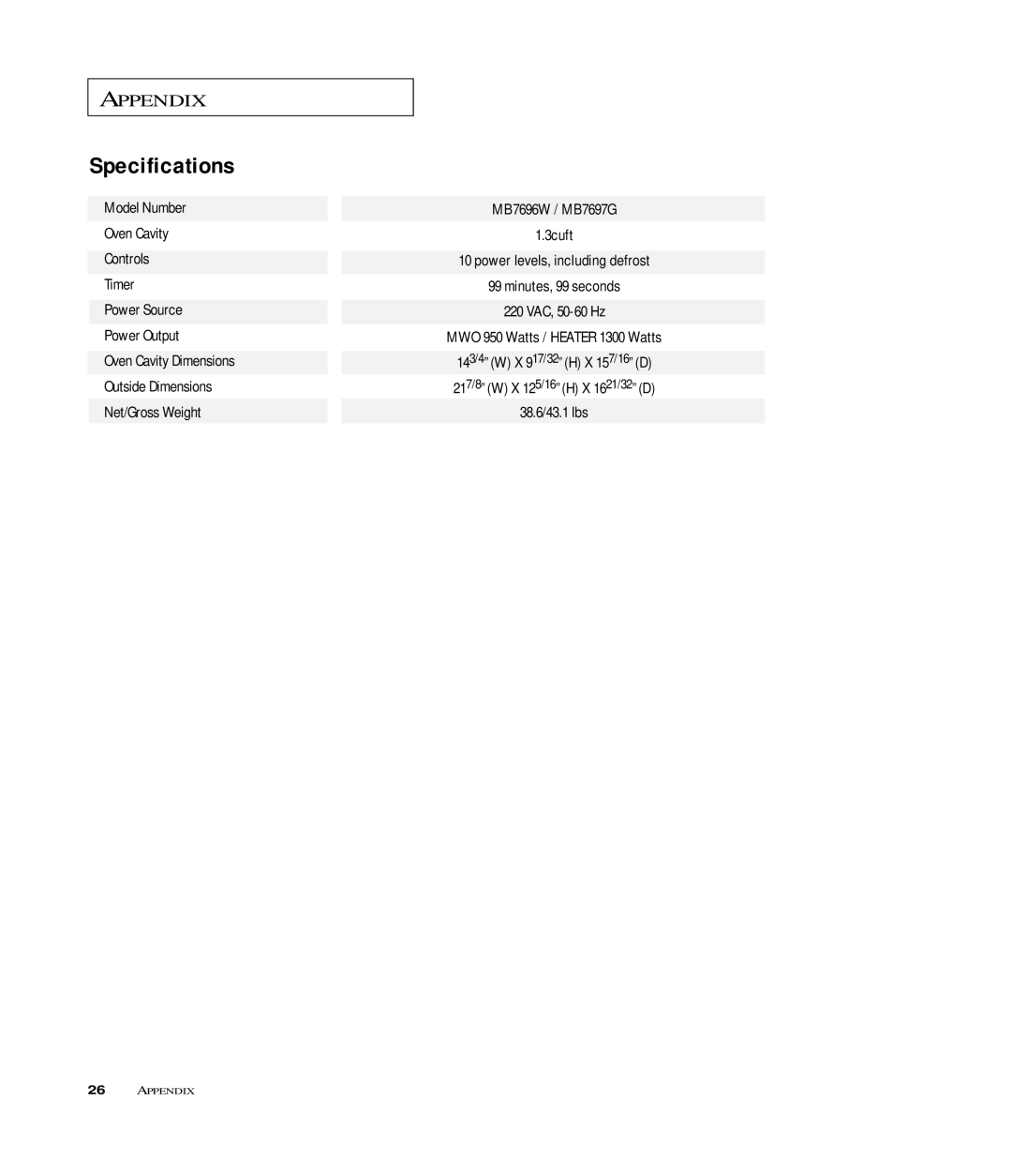 Samsung MB7697G, MB7696W manual Specifications 