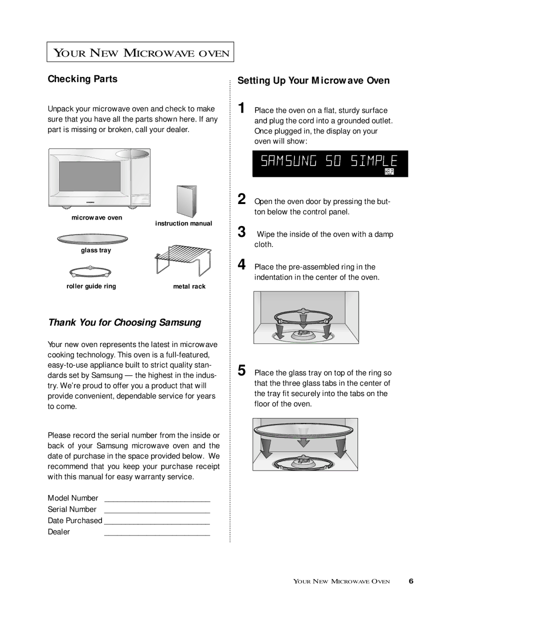 Samsung MB7697G, MB7696W Checking Parts, Setting Up Your Microwave Oven, Model Number Serial Number Date Purchased Dealer 